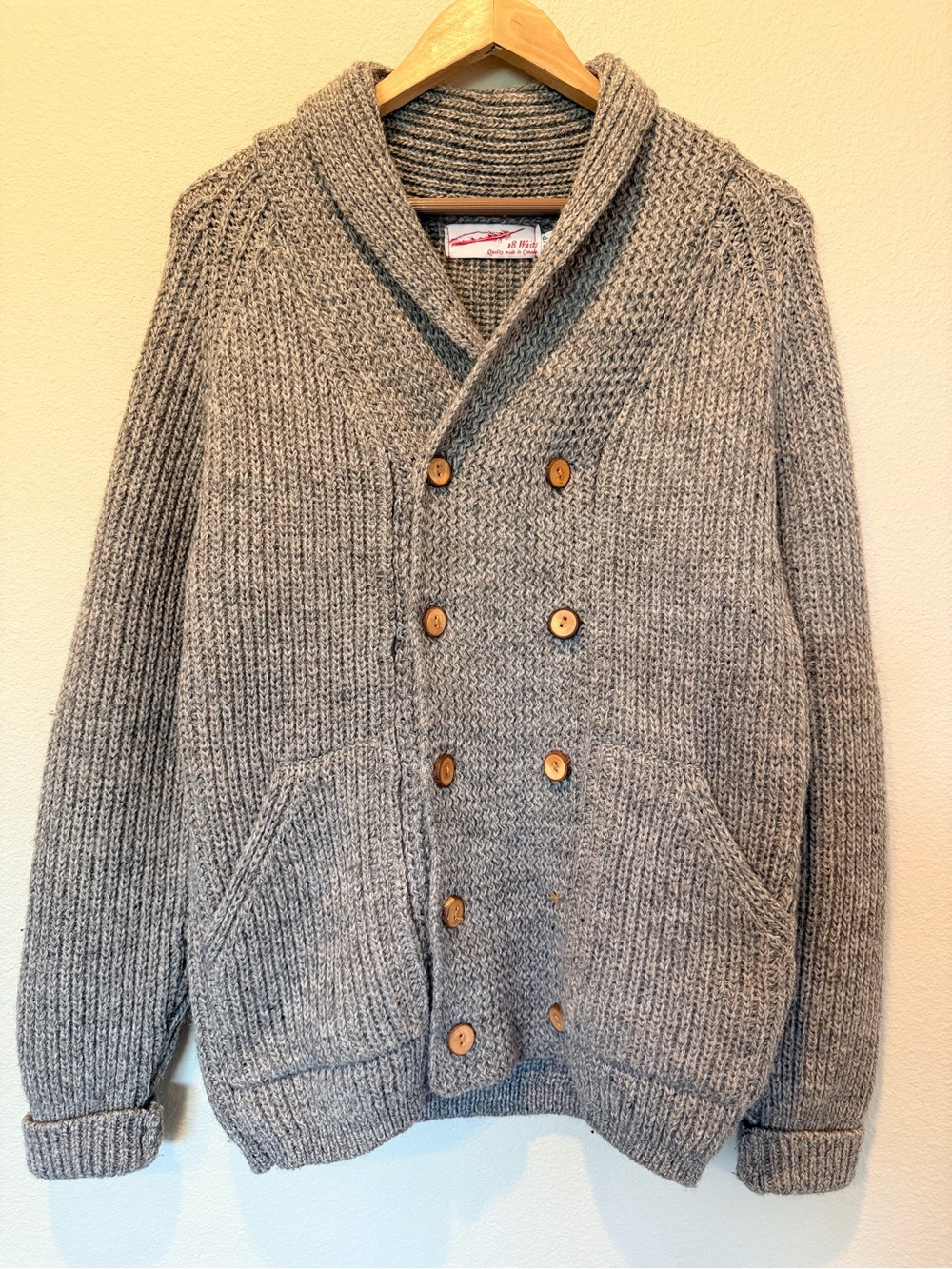 18 Waits 100% Wool Shawl Collar Cardigan Sweater Leather Elbow Size A #0481